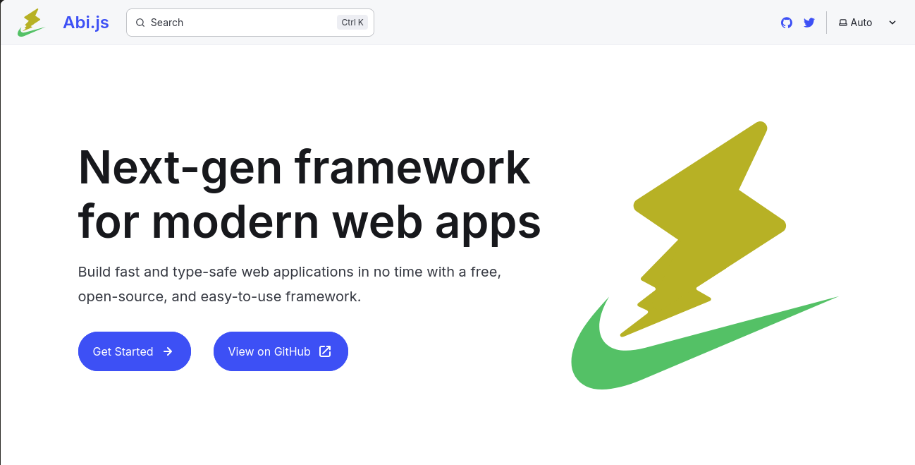 Abi.js website screenshot showcasing the framework's features and documentation.